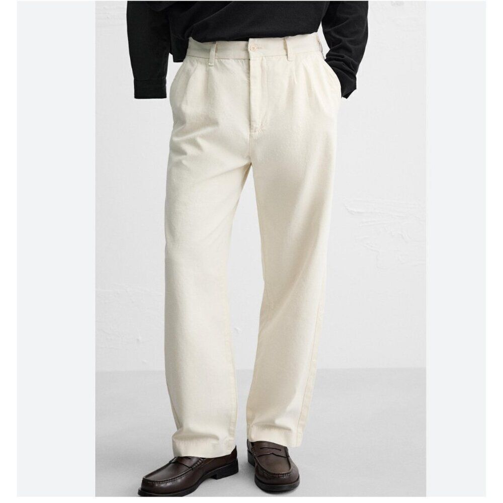 Zara Mens Pants XL Cream Ecru Relaxed Fit Pleated Cotton 8527/409 NWT